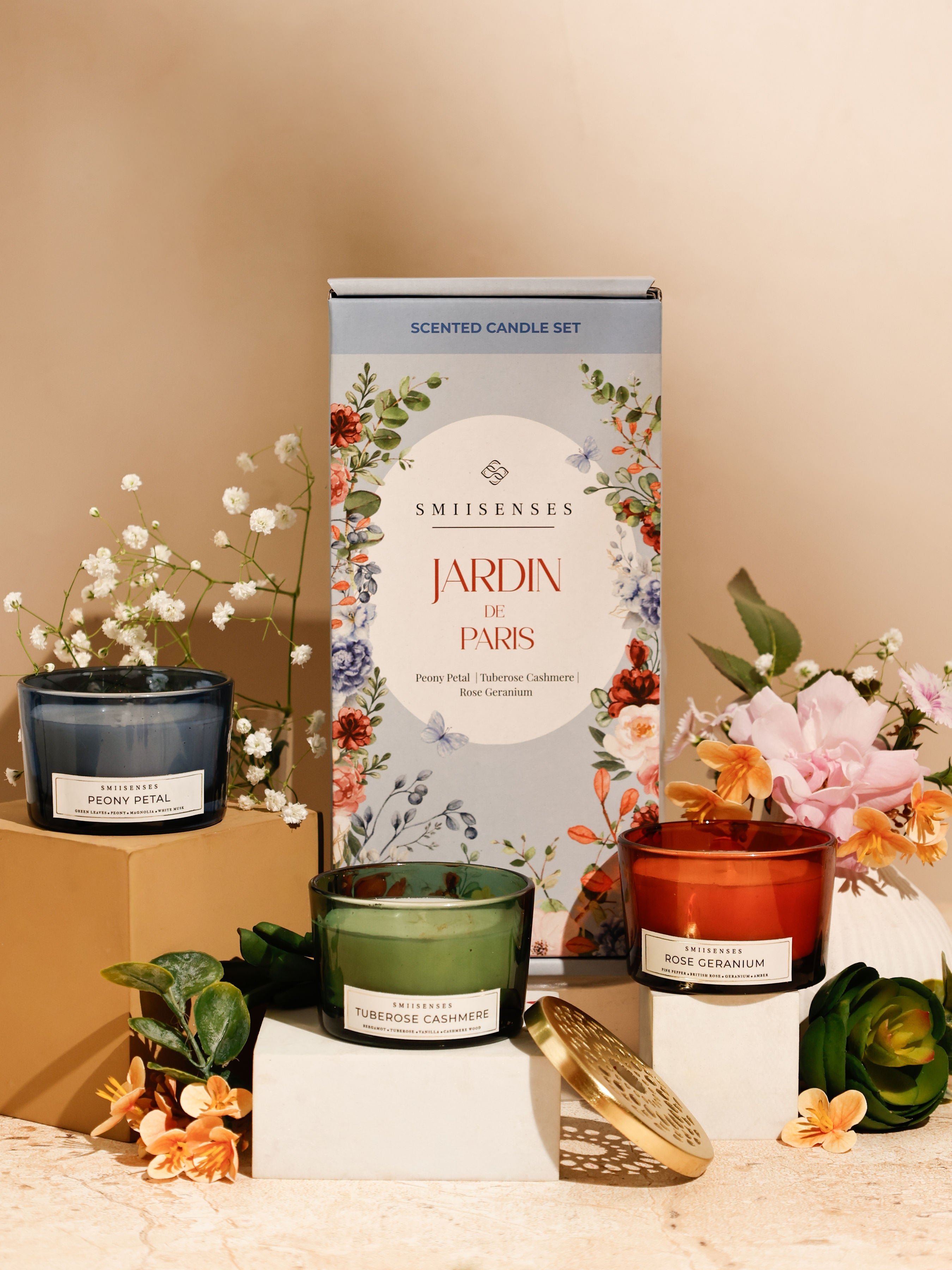 Jardin de Paris Candle Box (Set of 3) with Intricate Jaali lid | Peony Petal, Tuberose Cashmere & Rose Geranium