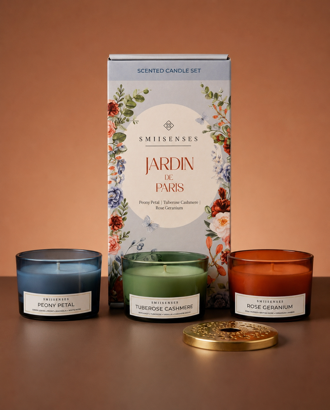 Jardin de Paris Candle Box (Set of 3) with Intricate Jaali lid | Peony Petal, Tuberose Cashmere & Rose Geranium