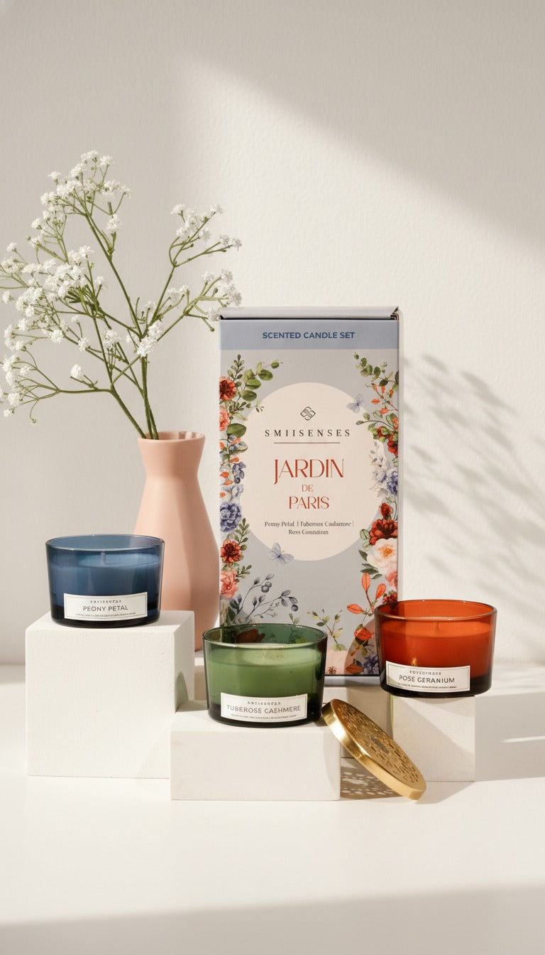 Jardin de Paris Candle Box (Set of 3) with Intricate Jaali lid | Peony Petal, Tuberose Cashmere & Rose Geranium
