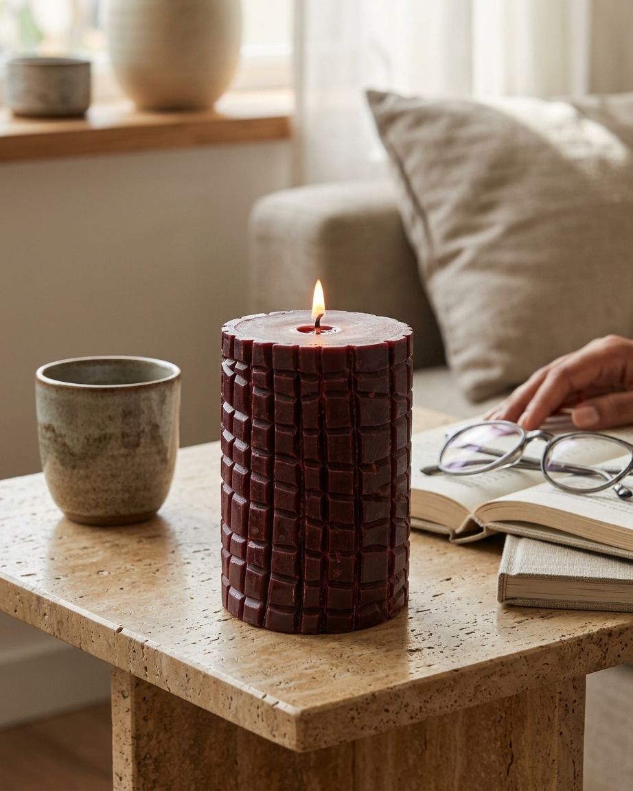 Artisan Sculpted Pillar Candle set of 2 - Velvet Leather